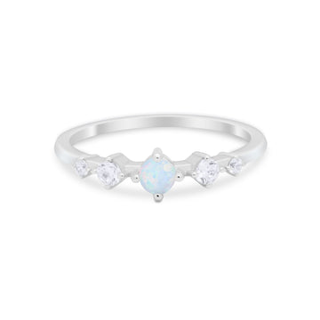 Petite Dainty Fashion Ring Round Lab Created White Opal 925 Sterling Silver